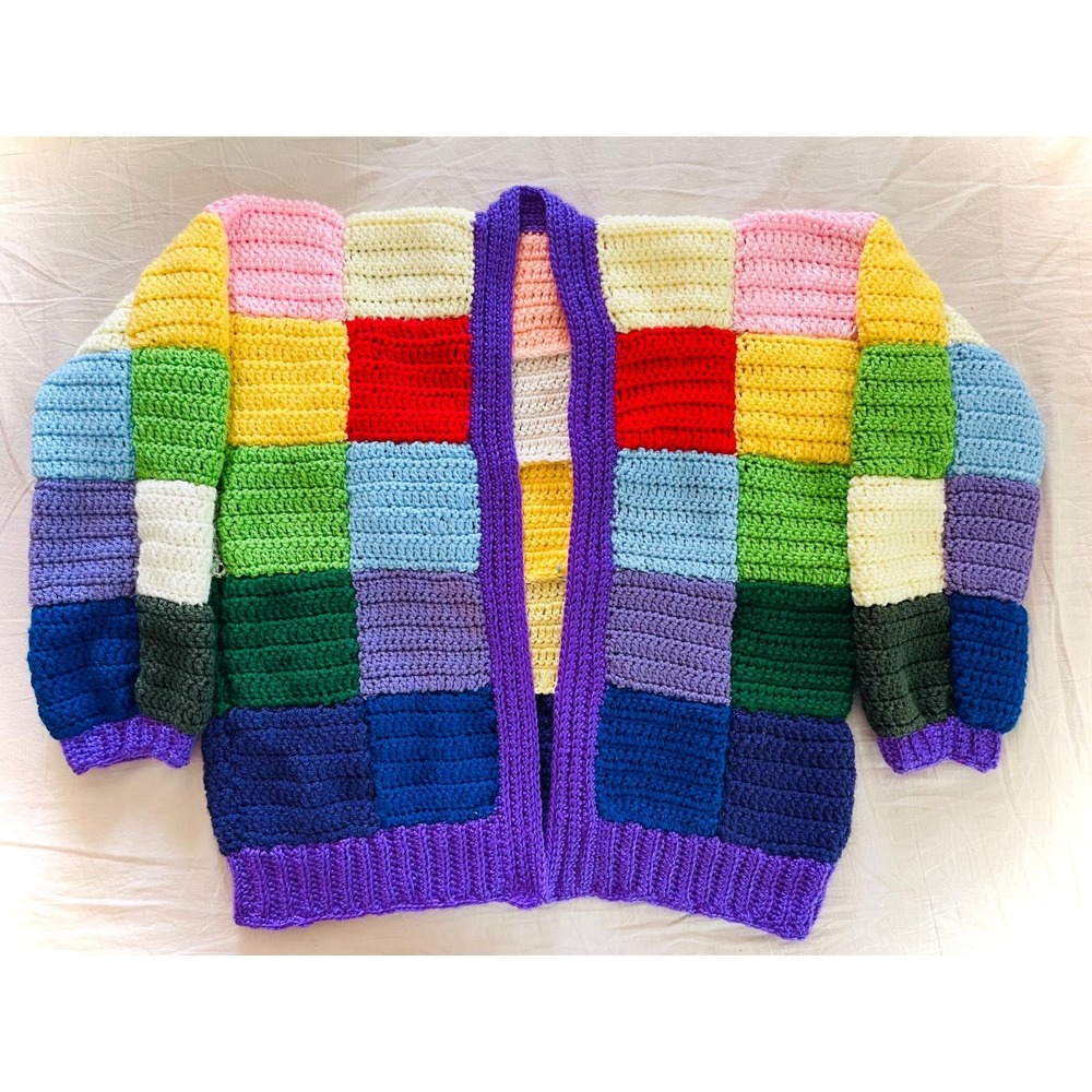 Handmade Crochet Patchwork Cardigan Heavy Wool Rainbow Colorblock Sweater